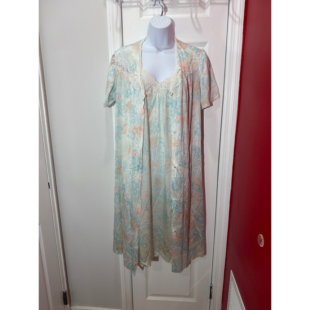 Vanity Fair Vintage Nightgown Robe Set Women Blue Floral Fair Lace Medium